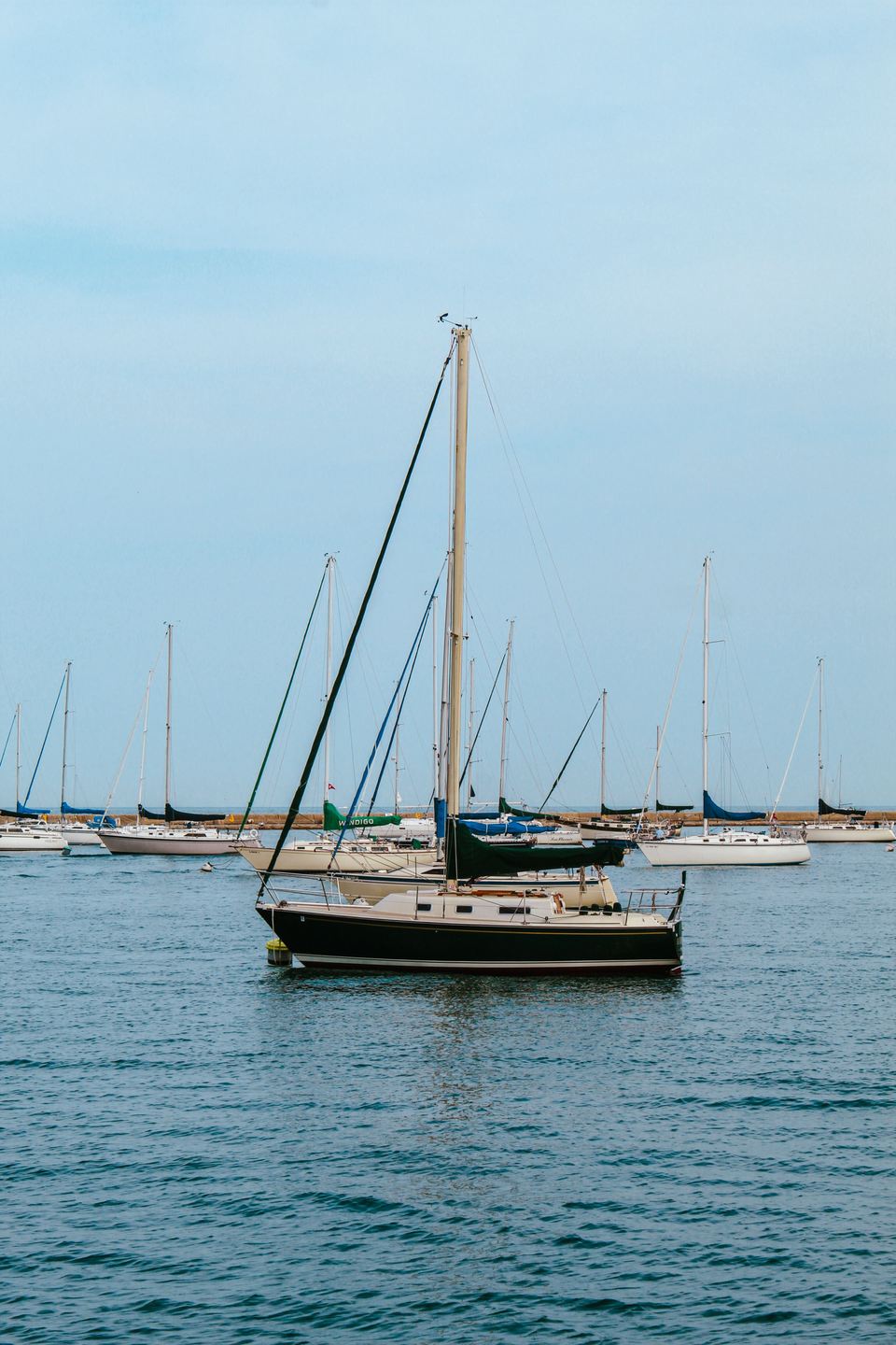Voilier au mouillage dans une rade, mâts du port au fond